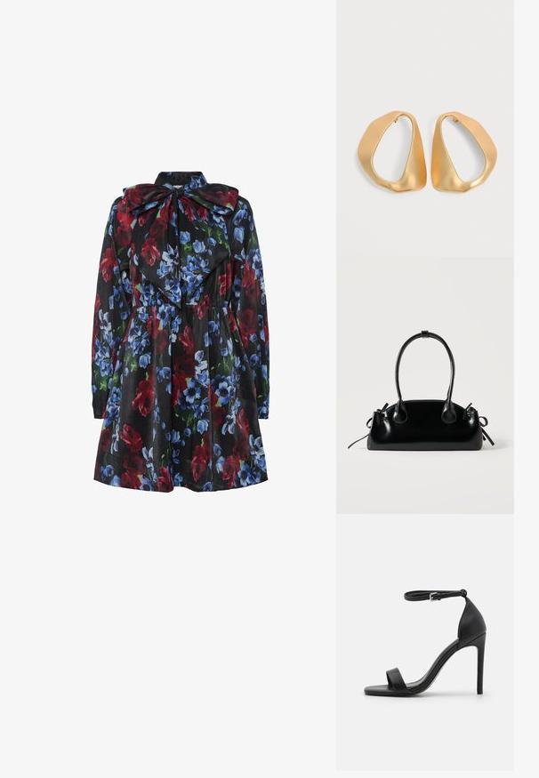 Vestido floral con fondo negro, que presenta flores rojas, azules y verdes. Mangas largas y un gran detalle de cuello con lazo.; Sandalia de tacón alto negra con un diseño elegante, que cuenta con una correa en el tobillo, punta abierta y una textura de cuero suave.; Pequeño bolso negro brillante con dos asas largas y detalles de cordón lateral sobre un fondo claro liso.; Par de pendientes de aro dorados irregulares y asimétricos con acabado suave y mate sobre fondo neutro.
