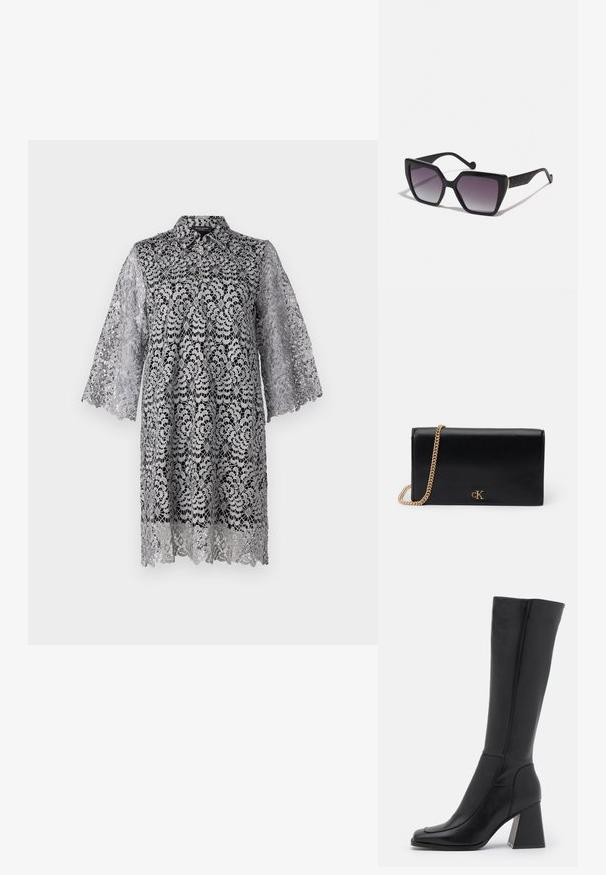 Vestido de encaje gris con un cuello, mangas tres cuartos y patrones florales. La tela tiene una textura delicada y transparente con detalles intrincados.; Botas de cuero negras hasta la rodilla con punta cuadrada, textura suave, diseño tapered y tacón de bloque grueso. Presenta detalles de costura.; LIU JO Gafas de sol - black; Bolso de mano negro de piel con correa de cadena dorada, de forma rectangular, con un logo metálico en la parte frontal. Textura suave, diseño minimalista.