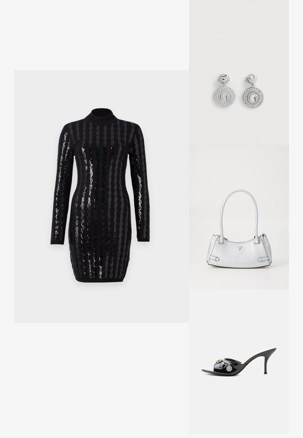 Vestido negro de manga larga con brillantes rayas verticales de lentejuelas, cuello alto, silueta ajustada y textura acanalada en los puños y eldo.; Mule de charol negro de tacón alto con punta abierta y adornos decorativos plateados, incluyendo una flor y un candado en la tira delantera.; Bolso de mano plateado con un diseño estructurado, que cuenta con dos asas, textura brillante, herrajes de acento y un logo triangular en la parte frontal.; Pendientes de botón en forma de corazón plateado con colgantes circulares que presentan un borde de pedrería y una letra "G" en relieve en el centro.