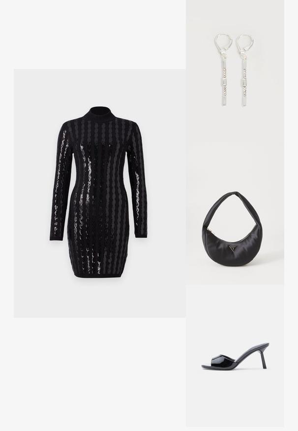 Robe noire à manches longues présentant des rayures verticales en sequins brillants, un col montant, une silhouette ajustée, avec un texture côtelée aux poignets et à l'ourlet.; Sandales à talons ouverts en cuir verni noir, avec un design supérieur incurvé et un talon aiguille effilé. Finition lisse et brillante.; Sac à main en satin noir avec une forme courbée, doté d'une fermeture à glissière et d'un logo triangulaire en métal à l'avant. Texture lisse et design épuré.; Boucles d'oreilles pendantes en argent avec des cristaux clairs rectangulaires et ronds alignés verticalement, sécurisées par des fermoirs à levier.