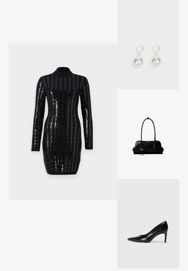 Robe noire à manches longues présentant des rayures verticales en sequins brillants, un col montant, une silhouette ajustée, avec un texture côtelée aux poignets et à l'ourlet.; Chaussure à talon haut en cuir noir avec un bout pointu, texture lisse et un talon effilé. Design minimaliste, sans embellissements supplémentaires.; Sac à épaule en cuir noir à texture crocodile, avec de longues sangles et un petit charm logo argenté sur une sangle.; Boucles d'oreilles en argent en forme de goutte avec des surfaces lisses, rondes et réfléchissantes, suspendues à des fermoirs à ressort. L'arrière-plan est blanc uni.