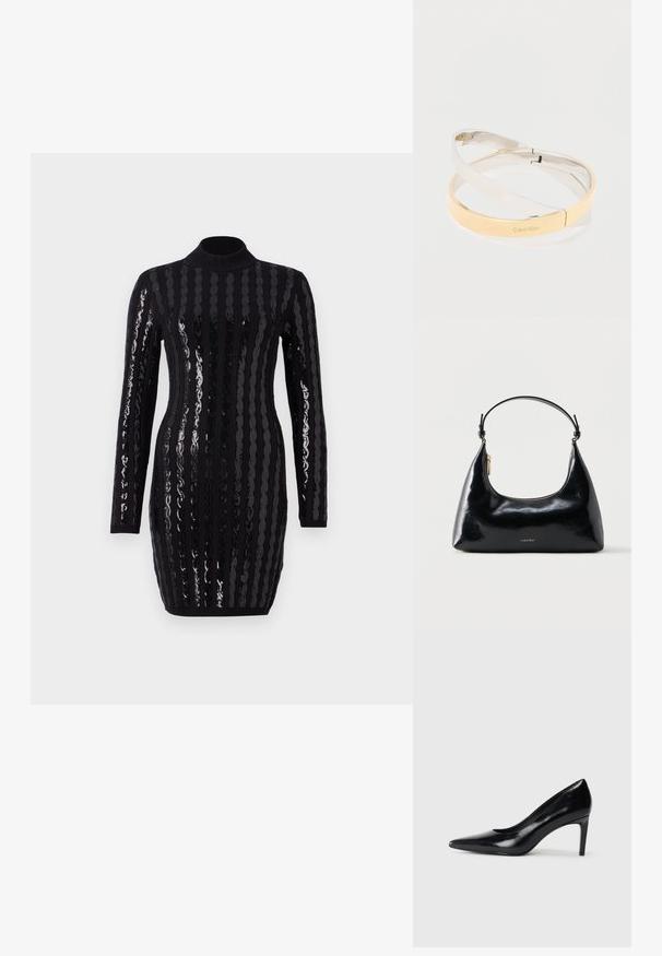 Vestido negro de manga larga con brillantes rayas verticales de lentejuelas, cuello alto, silueta ajustada y textura acanalada en los puños y eldo.; Zapato de tacón alto de cuero negro con punta afilada, textura suave y tacón en forma de cono. Diseño minimalista, sin adornos adicionales.; Bolso negro brillante de Calvin Klein con cremallera dorada y correa corta sobre un fondo blanco liso.; Pulseras metálicas pulidas entrelazadas en tonos plateados y dorados, una grabada con el logo "Calvin Klein", sobre un fondo blanco.