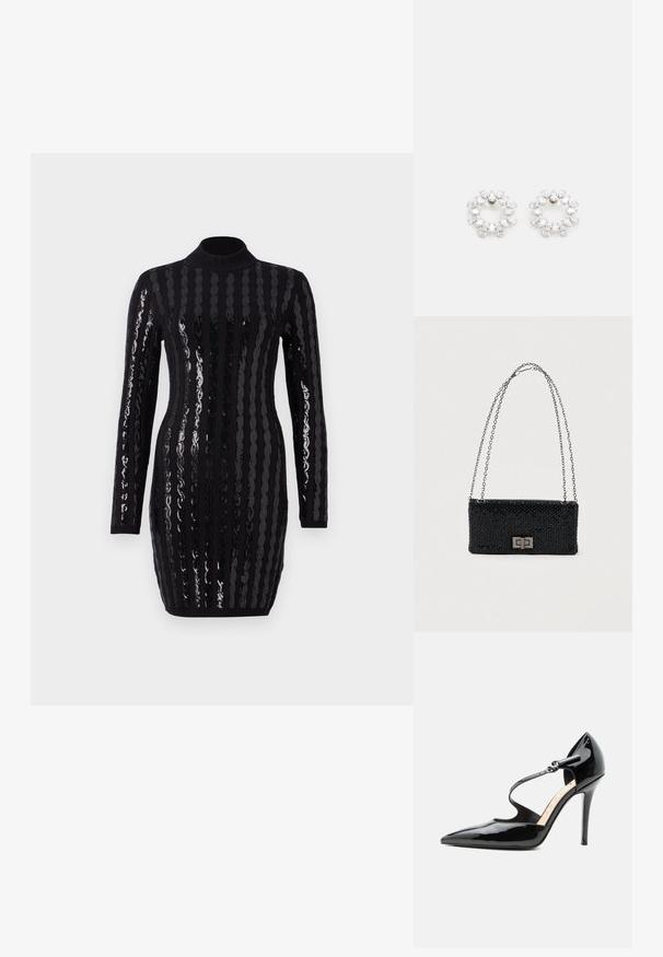 Robe noire à manches longues présentant des rayures verticales en sequins brillants, un col montant, une silhouette ajustée, avec un texture côtelée aux poignets et à l'ourlet.; Chaussure à talon haut en cuir verni noir avec un bout pointu et une fine bride de cheville fermée par une petite boucle.; Sac à main noir en perles de forme rectangulaire, avec une bandoulière en chaîne argentée et un fermoir en métal présentant un design géométrique. Surface texturée avec des perles.; Boucles d'oreilles circulaires en métal, ornées de plusieurs pierres transparentes et facettées disposées dans un motif étincelant. Incolores et réfléchissantes.