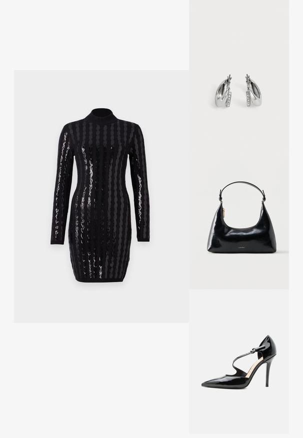 Vestido negro de manga larga con brillantes rayas verticales de lentejuelas, cuello alto, silueta ajustada y textura acanalada en los puños y eldo.; Zapato de tacón alto de cuero de charol negro con punta puntiaguda y una fina correa en el tobillo que se abrocha con una pequeña hebilla.; Bolso negro brillante de Calvin Klein con cremallera dorada y correa corta sobre un fondo blanco liso.; Par de pendientes de aro plateados con una pequeña fila de pedrería transparente en el frente, mostrados sobre un fondo liso gris claro.