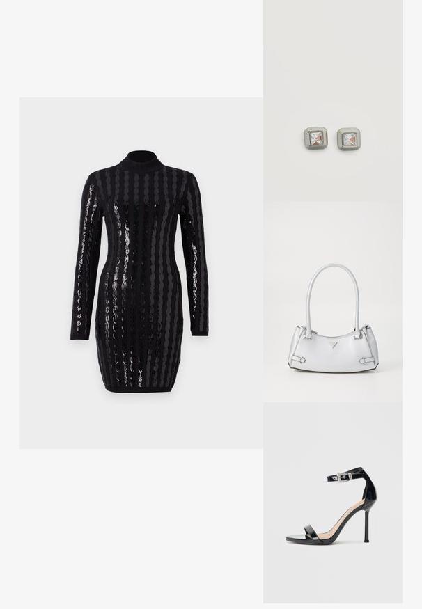 Vestido negro de manga larga con brillantes rayas verticales de lentejuelas, cuello alto, silueta ajustada y textura acanalada en los puños y eldo.; Sandalia de tacón alto en piel sintética negra con correa en el tobillo. Presenta un diseño minimalista, punta abierta y una hebilla con detalles de pedrería.; Bolso de mano plateado con un diseño estructurado, que cuenta con dos asas, textura brillante, herrajes de acento y un logo triangular en la parte frontal.; Pendientes de botón cuadrados de plata con centros de gemas transparentes facetadas sobre un fondo blanco liso.