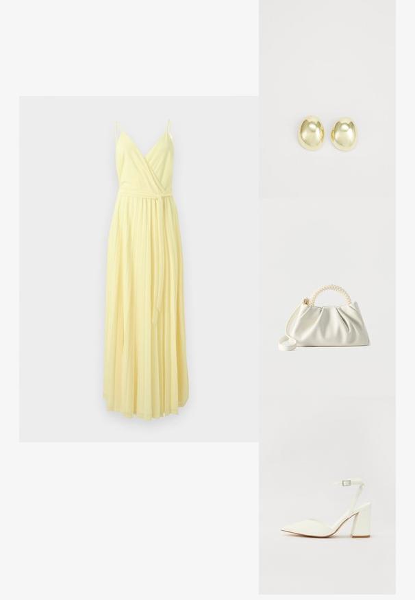 Robe longue sans manches jaune clair avec décolleté en V croisé, fines bretelles et ceinture nouée à la taille, avec une jupe plissée fluide.; Sandale blanche à talon avec un bout pointu, sangle de cheville réglable et un talon carré épais. Texture lisse avec des détails de couture minimaux.; Petit sac à main blanc avec un corps froncé, une poignée ronde ornée de perles et une bandoulière amovible sur un fond uni.; Boucles d'oreilles en métal doré avec une forme lisse et arrondie et une finition polie. Design simple sans embellissements supplémentaires.