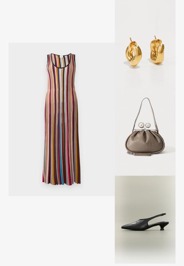 Vestido largo sin mangas con rayas verticales en rojo, rosa, mostaza, marrón, azul y negro sobre un fondo claro.; Zapato slingback de cuero negro con punta afilada y tacón bajo tipo kitten sobre fondo neutro.; Bolso de mano de cuero gris con forma redondeada, cierre superior con dos grandes esferas plateadas y una sola asa de correa.; Pendientes de aro grueso en oro con un diseño tubular ligeramente retorcido y cierre de presión, sobre un fondo blanco.