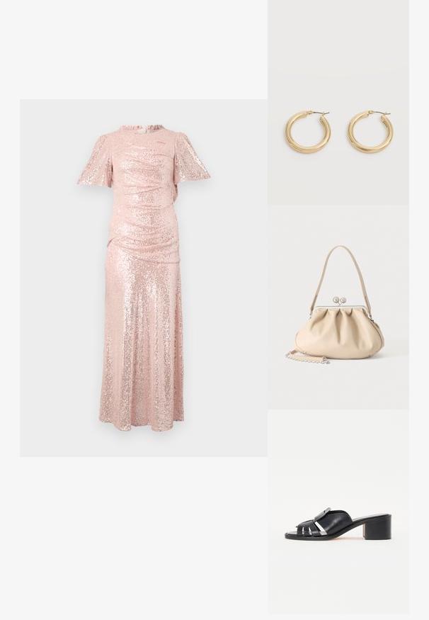 Lang roze paillettenjurk met korte fluttermouwen, gegatherde textuur bij het lijfje en een vloeiende rok, wat zorgt voor een getailleerd silhouet.; Zwarte leren slippers met een gebogen band met uitsparingen, zilveren hardwareaccent en een chunky hak. Een gladde textuur overal.; Beige zachte leren handtas met een zilveren metalen frame sluiting, een enkele schouderriem en een optionele kettingriem op een witte achtergrond.; Een paar glanzende gouden dikke creolen met metalen pinnen op een lichtgrijze achtergrond.