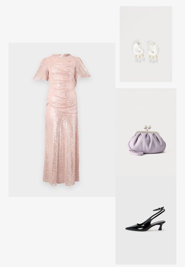 Lang roze paillettenjurk met korte fluttermouwen, gegatherde textuur bij het lijfje en een vloeiende rok, wat zorgt voor een getailleerd silhouet.; Zwarte gepatineerde leren slingback hakken met een puntige neus, lage blokhak en een verstelbare enkelband met een gouden gespsluiting.; Zachte lavendelkleurige clutch met geplooide stof, zilveren kiss-lock sluiting en bijpassend polsbandje op een effen lichte achtergrond.; Duidelijke hars oorbellen in schelpvorm met kleine gouden accenten en drie hangende doorschijnende druppelvormige bedels aan elk oorbel.
