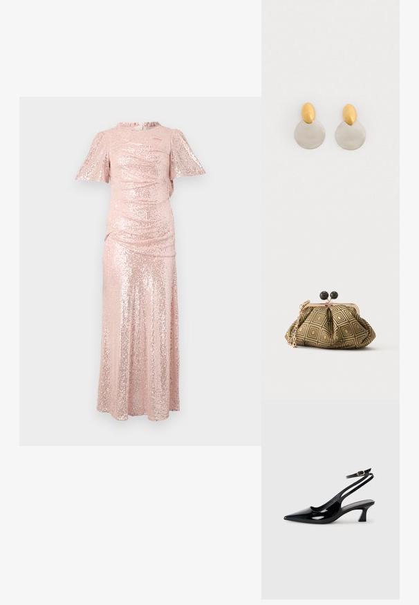 Lang roze paillettenjurk met korte fluttermouwen, gegatherde textuur bij het lijfje en een vloeiende rok, wat zorgt voor een getailleerd silhouet.; Zwarte gepatineerde leren slingback hakken met een puntige neus, lage blokhak en een verstelbare enkelband met een gouden gespsluiting.; Kleine clutch tas met goud-zwart geometrisch patroon, goudkleurig metalen frame, zwarte bolsluiting en een korte gouden kettingband.; Gouden en zilveren metalen oorbellen met een ronde schijfbasis en een ovale bovenstuk, gladde textuur en gepolijste afwerking.