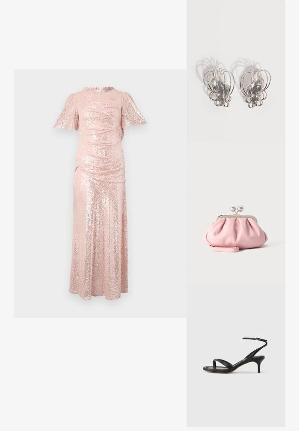 Robe longue en sequins roses avec des manches courtes en volant, texture froncée au niveau du corsage et une jupe fluide, créant une silhouette ajustée.; Sandale pour femme en cuir noir avec fines lanières, une boucle d'orteil, une boucle à la cheville et un talon aiguille de hauteur moyenne sur un fond neutre.; Petit sac pochette doux rose avec cadre métallique argenté et fermoir rond, reposant sur une surface plate et claire avec une bride de poignet repliée devant.; Paire de boucles d'oreilles en métal argenté avec un design en cage à fil ouvert et des formes ovales centrales lisses projetant des ombres courbes sur un fond blanc.