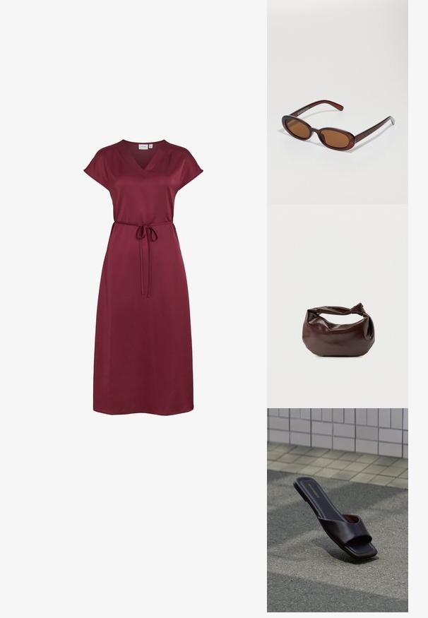 Bordeauxrotes Midikleid mit V-Ausschnitt, kurzen Ärmeln und dünnem selbstgebundenem Gürtel in der Taille aus glattem Stoff.; Dunkelbraune offene Sandale mit quadratischer Spitze und breitem Riemen, liegend auf grauem Asphalt neben gefliestem Bürgersteig.; Runde, braun getönte Sonnenbrillen mit einem glänzenden burgunderfarbenen Rahmen. Schlanke Bügel mit dezentem Branding. Flaches Linsendesign.; Dunkelbraune Lederschultertasche mit weicher, lockerer Form und einem gedrehten Knotengriff vor schlichtem weißem Hintergrund.