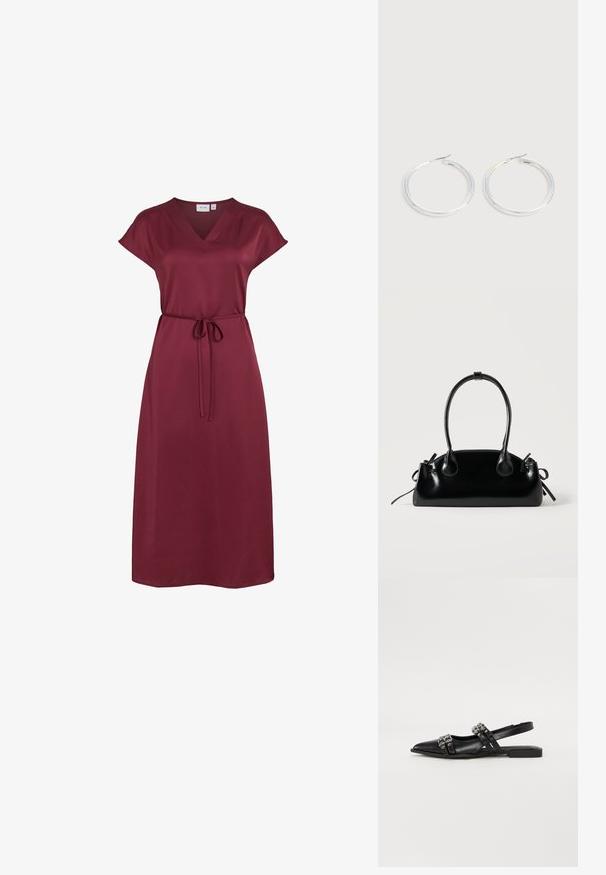 Bordeauxrode midi-jurk met V-hals, korte mouwen en een dunne zelfbindende ceintuur in de taille, gemaakt van gladde stof.; Even&Odd by Zalando Slingback ballerina´s - black; Kleine zwarte glanzende handtas met twee lange hengsels en zijkant trekkoord details op een effen lichte achtergrond.; Een paar glanzende zilveren oorringen met dunne draadafsluitingen, getoond op een lichtgrijze achtergrond.