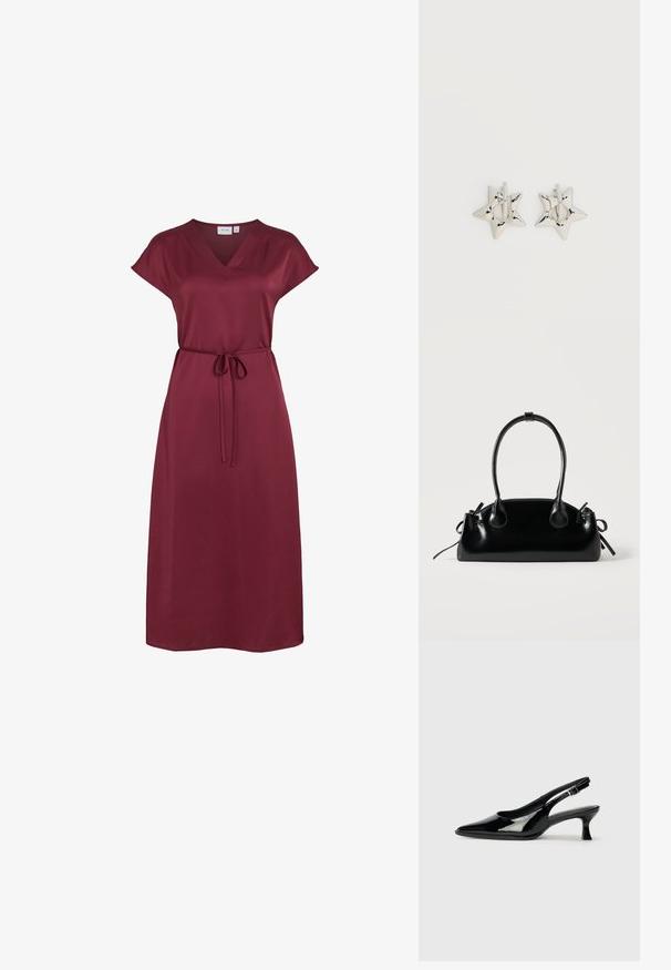 Vestido midi burdeos con escote en V, mangas cortas y un cinturón fino para atar en la cintura, hecho de tela lisa.; Zapatos de charol negro tipo slingback con punta afilada y tacón bajo. Correa ajustable con hebilla en el tobillo.; Pequeño bolso negro brillante con dos asas largas y detalles de cordón lateral sobre un fondo claro liso.; Pendientes de aro plateados en forma de estrella con un acabado liso y pulido sobre un fondo blanco liso.