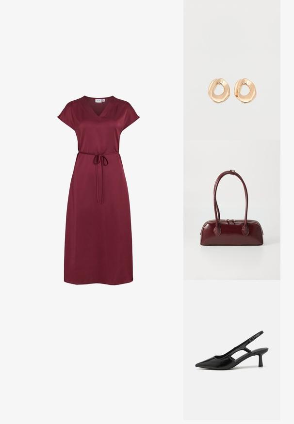 Vestido midi burdeos con escote en V, mangas cortas y un cinturón fino para atar en la cintura, hecho de tela lisa.; Tacones de slingback negros con punta afilada, hechos de material brillante, que presentan acentos recortados y un tacón moderado para mayor soporte.; Bolso de piel burdeos con forma curva, asas dobles, cierre de cremallera y sutilezas en los detalles de costura. Acabado suave y brillante.; Par de pendientes de aro de metal en tono dorado pulido, de forma irregular y con centro abierto, sobre un fondo blanco liso.