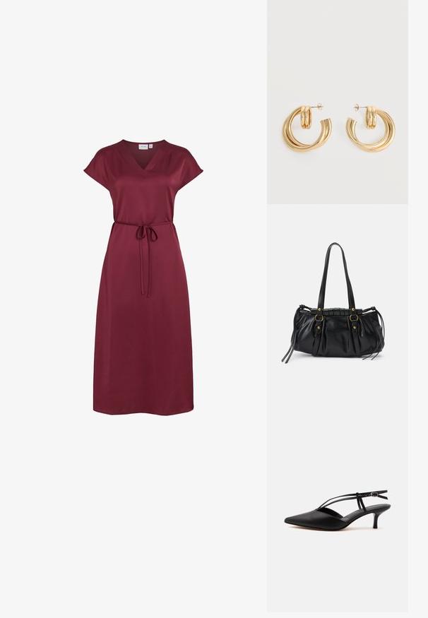 Bordeauxrotes Midikleid mit V-Ausschnitt, kurzen Ärmeln und dünnem selbstgebundenem Gürtel in der Taille aus glattem Stoff.; Schwarzer Leder-Kitten-Heel mit spitzer Schuhspitze, dünnem Knöchelriemen und Schnalle, Slingback-Design, auf hellem einfarbigem Hintergrund.; Schwarze Lederhandtasche mit runder Form, doppelten Griffen, dekorativen Hardware-Details und seitlichen Bindebändern. Glatte, glänzende Textur.; Paar glänzende goldene Doppel-Loop-Creolen mit Steckverschlüssen vor weißem Hintergrund.