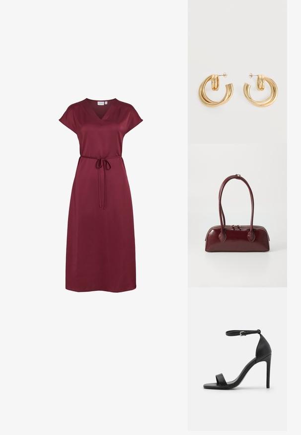 Vestido midi burdeos con escote en V, mangas cortas y un cinturón fino para atar en la cintura, hecho de tela lisa.; Sandalia de tacón alto negra con un diseño elegante, que cuenta con una correa en el tobillo, punta abierta y una textura de cuero suave.; Bolso de piel burdeos con forma curva, asas dobles, cierre de cremallera y sutilezas en los detalles de costura. Acabado suave y brillante.; Par de pendientes de aro doble brillante de oro con cierres de presión sobre un fondo blanco.