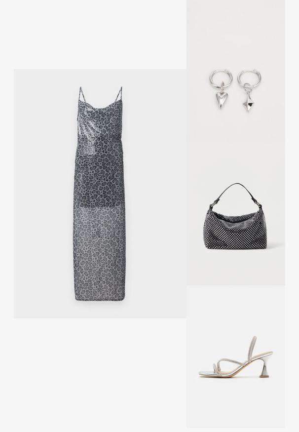 Maxi kjole med leopardmønster i gennemsigtigt gråt stof. Har tynde stropper og en løs pasform, der viser en ombre-effekt fra mørk til lys.; Sølvmetallic hælede sandaler med krydsede mesh-stropper og en unik klokkeformet hæl. Glat tekstureret fodseng og spidse tæer.; Sort og sølv håndtaske med en vævet, struktureret overflade med firkantede mønstre, en enkel top håndtag og et slasket design.; Sølv hoop øreringe med et hjerte og en diamantformet vedhæng. Glat tekstur med en poleret finish.