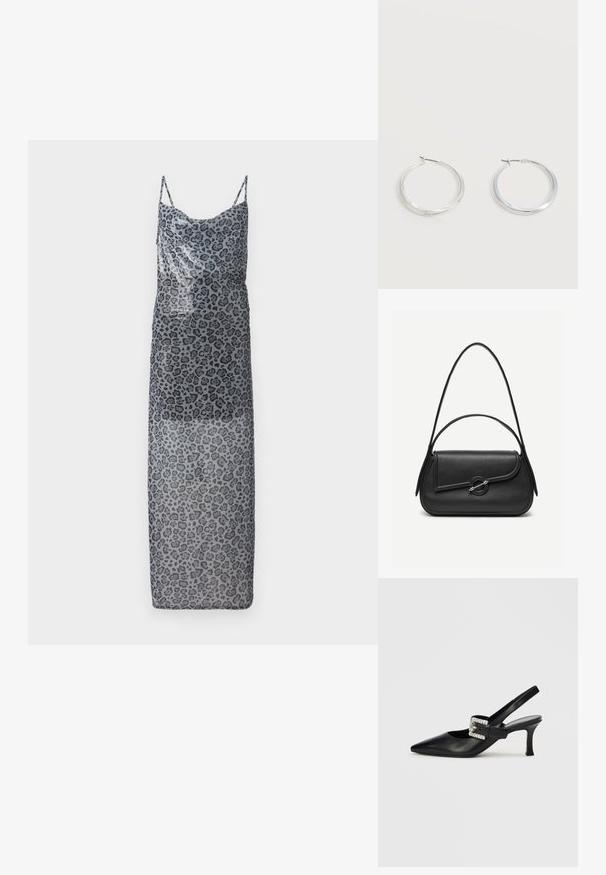 Maxi kjole med leopardmønster i gennemsigtigt gråt stof. Har tynde stropper og en løs pasform, der viser en ombre-effekt fra mørk til lys.; Sort lædersko med slingback, spids tå, lille hæl og spænde med rhinsten. Glat tekstur, minimalistisk design.; Sort læderhåndtaske med afrundede kanter, asymmetrisk klap, metalcirkulært spænde samt både korte og lange skulderstropper.; Sølvfarvede metaloorringe med glat, let buet overflade og låsemekanisme på en ensfarvet hvid baggrund.