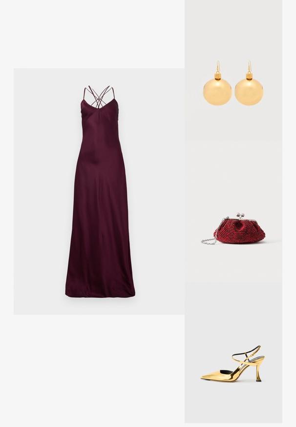 Burgundy satin maxi-mekko, jossa on ohuet hihnat ja ristikkäinen muotoilu selässä. Sujuva rakenne ja vartaloa myötäilevä siluetti. Ei näkyviä kuvioita tai kiinnikkeitä.; Kultaiset metallinhohtoiset korkokengät, joissa on terävä kärki, avoin sivu, ristikkäiset hihnat nilkassa ja erimuotoinen korko.; Pieni punainen helmin koristeltu iltalaukku hopeisella lukolla ja ketjuhihnalla valkoisella taustalla.; Pari kiiltäviä kullanvärisiä joulupallokorvakoruja, joissa on koukkukiinnitys, yksinkertaisella valkoisella taustalla.