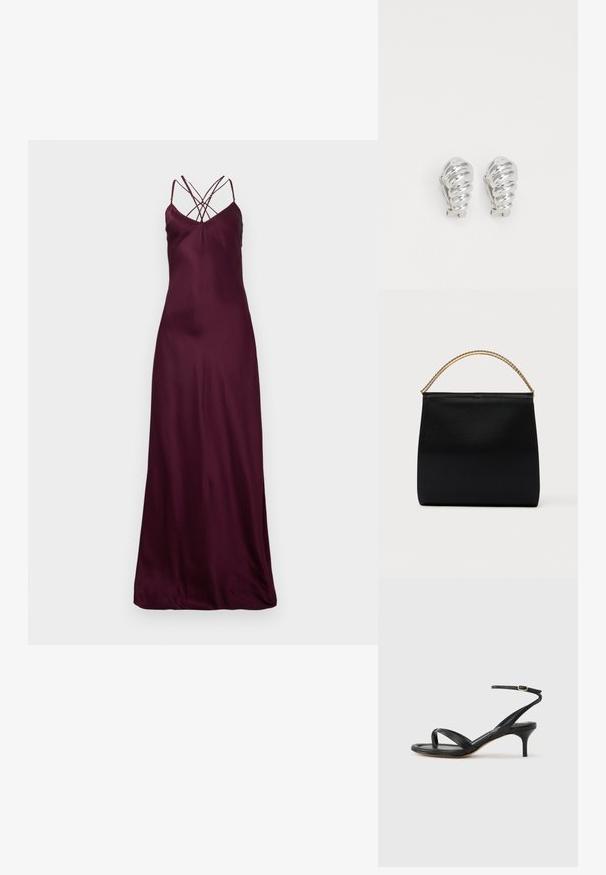 Robe maxi en satin bordeaux avec des fines bretelles et un design croisées au dos. Texture lisse et silhouette ajustée. Pas de motifs ou de matériels visibles.; Sandale pour femme en cuir noir avec fines lanières, une boucle d'orteil, une boucle à la cheville et un talon aiguille de hauteur moyenne sur un fond neutre.; Sac noir en tissu lisse, présentant une forme structurée, une poignée en chaîne dorée et un design géométrique minimaliste.; Boucles d'oreilles en clip argentées avec un design en spirale, présentant une texture métallique lisse et des formes arrondies. Pas d'embellissements ou de motifs visibles.