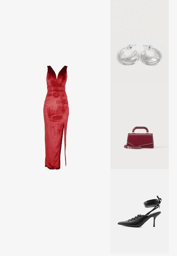 Robe en velours rouge avec un décolleté en V profond, un corsage ajusté et une fente latérale. Le design présente une texture lisse et une bordure en dentelle à l'ourlet.; Chaussure à talon haut noire à bout pointu avec laçage à l'avant et brides enroulées autour de la cheville nouées en nœud, vue de côté sur fond blanc.; Petit sac à main bordeaux brillant avec une poignée supérieure et une bandoulière détachable, présenté sur un fond clair uni.; Une paire de boucles d'oreilles en croissant argenté poli avec des supports en plastique transparent sur une surface blanche.