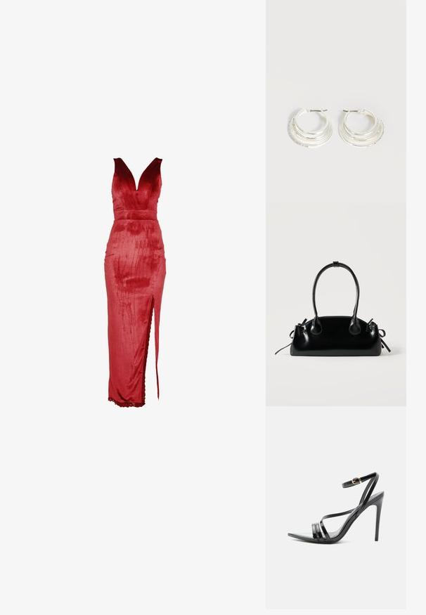 Robe en velours rouge avec un décolleté en V profond, un corsage ajusté et une fente latérale. Le design présente une texture lisse et une bordure en dentelle à l'ourlet.; Sandale noire à talon haut avec de fines brides sur les orteils et la cheville, avec une boucle dorée sur un talon aiguille élancé.; Petit sac à main noir brillant avec deux longues anses et des détails à cordon sur les côtés sur un fond clair uni.; Boucles d'oreilles créoles en argent avec trois bandes semi-circulaires superposées, dont une ornée de petits cristaux clairs sur un fond clair.