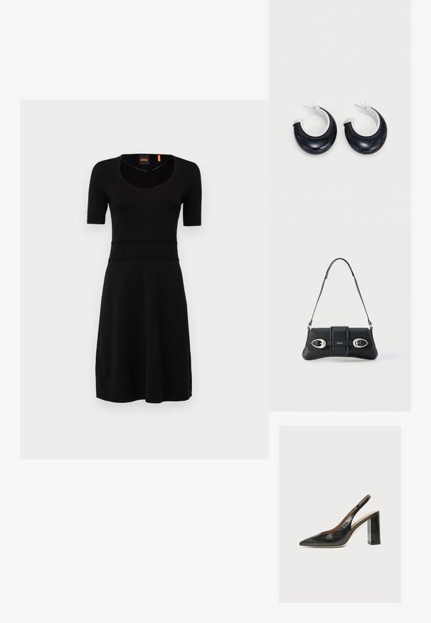 Robe noire à manches courtes avec un décolleté en V, une taille côtelée et une jupe évasée. Fabriquée en tissu lisse, avec une fente sur le côté.; BOSS MIAH - Escarpins - black; Sac bandoulière en cuir noir avec deux boucles en argent et une bandoulière ajustable, arborant le logo "HUGO" au centre devant.; Boucles d'oreilles en résine noire avec une finition brillante et des accents en métal argenté. Forme circulaire avec une découpe et une fermeture à tige.