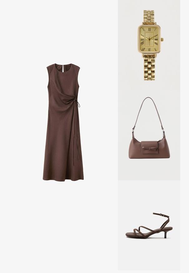 Robe midi sans manches de couleur brun foncé avec encolure ronde et détail noué sur le côté créant un drapé froncé d'un côté.; Sandale marron à talons hauts avec fines lanières croisées et bride de cheville avec boucle argentée sur fond blanc.; Sac à bandoulière en cuir marron avec une poche à rabat avant ornée d'un détail en forme de nœud cousu et une sangle réglable.; Montre-bracelet rectangulaire ton or avec chiffres romains et bracelet à maillons, affichant l'heure 9:13:45.