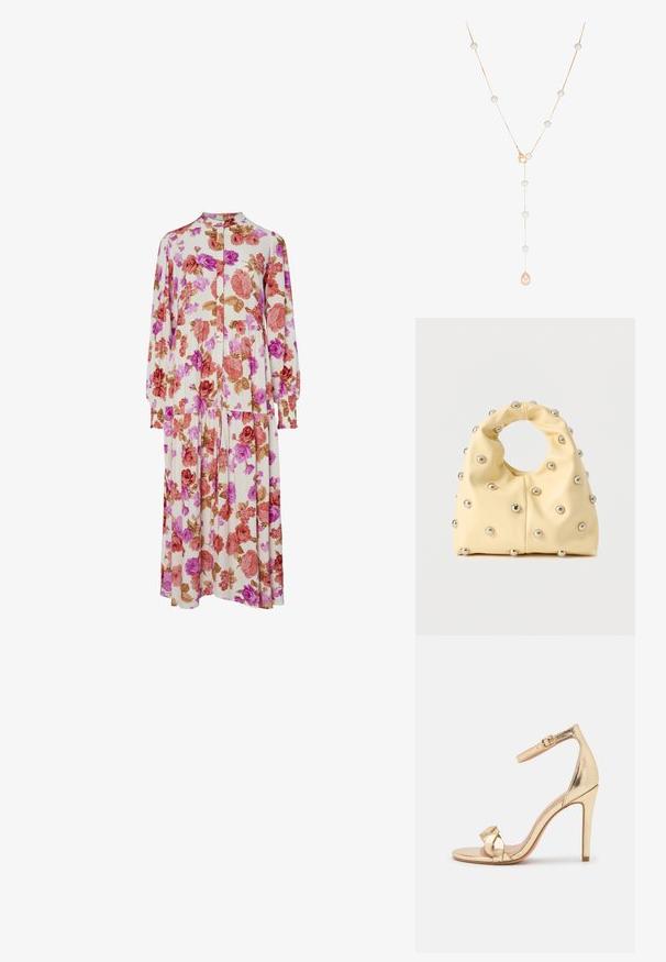 Blumenkleid mit einem cremefarbenen Hintergrund und rosa, roten und braunen Rosen, langen Ärmeln, einem kragenförmigen Ausschnitt und einem plissierten Rock.; Anna Field High Heel Sandalette - gold; Weiche, gelbe Handtasche mit rundem Griff, verziert mit gleichmäßig angeordneten kleinen silbernen Metallnieten auf glatter Oberfläche.; Halskette in Goldoptik mit runden weißen Perlen, die entlang einer filigranen Kette verteilt sind, und einem tropfenförmigen rosa Perlenanhänger in der Mitte.