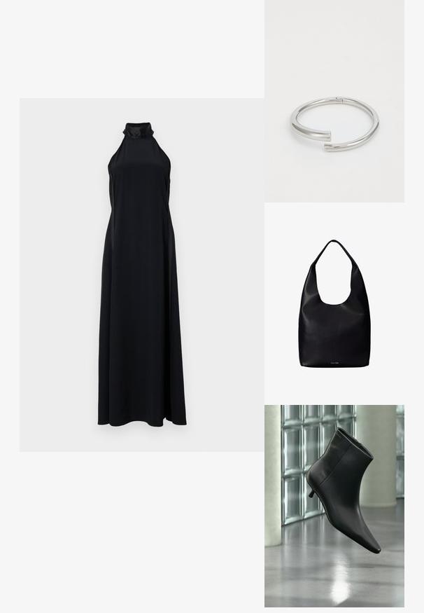 Vestido largo negro de cuello halter con una silueta elegante y fluida. Hecho de una tela suave, cuenta con un cuello alto y aberturas laterales.; Botín negro de cuero con punta puntiaguda y tacón bajo estilo kitten, mostrado en ángulo sobre un suelo pulido y con una pared de bloques de vidrio de fondo.; Bolso tote de cuero negro con una única correa ancha para el hombro y un sutil logo de Calvin Klein en el centro inferior.; Calvin Klein SPIRAL - Pulsera - silver-coloured