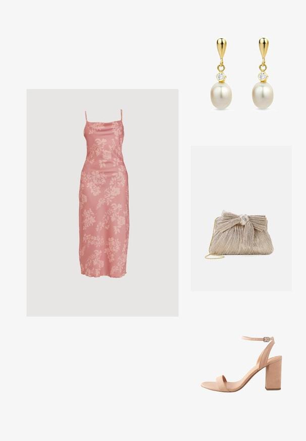 WAL G. CARA MIDI - Juhlamekko - blush pink; Sandaali, jossa on paksu korko pehmeässä beigessä mokassa, leveä etuvarvasremmi, nilkkaremmi metallisoljella ja sileät, kaarevat linjat.; Käytännöllinen metallinhohtoinen kultainen laukku, jossa on poimuileva kangas ja ylhäällä koristeena kaunis bow-yksityiskohta. Laukussa on kultaketju olkahihna, joka lisää monikäyttöisyyttä ja helpottaa kantamista.; Kultaiset pisaranmuotoiset korvakorut, joissa valkoiset helmet ja pienet kirkkaat jalokivet jokaisen helmen yläpuolella, valkoisella taustalla esitettyinä.