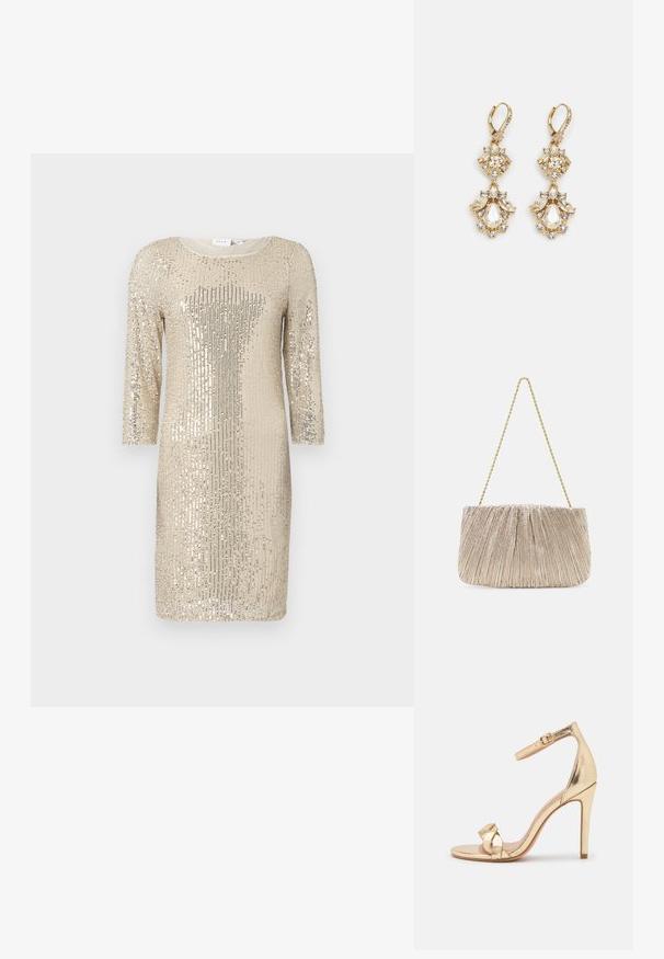 Robe pailletée en or clair avec des manches longues, un col rond et une silhouette ajustée. Présente une texture scintillante et un motif vertical.; Anna Field Sandales à talons hauts - gold; Sacs à main en tissu métallique plissé avec une chaîne dorée, de forme rectangulaire douce, couleur beige clair, surface texturée et détails froncés.; Boucles d'oreilles pendantes dorées présentant un design en grappe avec des cristaux clairs ronds et en forme de goutte, mettant en valeur des détails élaborés.