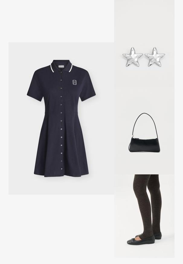 Robe polo bleu marine à manches courtes avec bordure blanche au col, fermeture à boutons sur le devant et petit logo blanc sur la partie supérieure gauche de la poitrine.; Jambes portant des leggings côtelés foncés associés à des ballerines noires avec de petits détails en nœud sur fond blanc.; Sac à main rectangulaire noir avec une fine bandoulière et fermeture éclair, présenté sur un fond blanc uni.; Boucles d'oreilles argentées en forme d'étoile, avec une surface lisse et brillante. Chaque boucle d'oreille possède cinq pointes et des détails subtils de texture de surface.