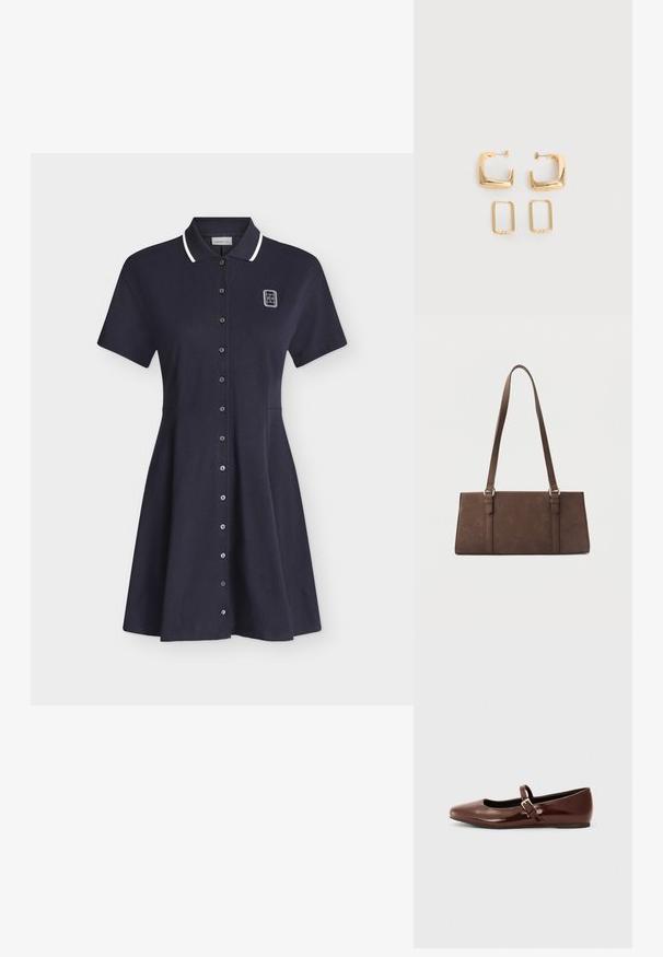 Robe polo bleu marine à manches courtes avec bordure blanche au col, fermeture à boutons sur le devant et petit logo blanc sur la partie supérieure gauche de la poitrine.; Ballerine en cuir verni marron avec un bout carré et une lanière ornée d'une petite boucle dorée. Texture lisse, talon bas et design minimaliste.; Sac à bandoulière rectangulaire marron avec longues sangles et détails de couture minimalistes sur un fond uni.; Deux paires de Boucles d'oreilles créoles géométriques dorées sur une surface blanche unie, une paire carrée et pleine, une paire rectangulaire et creuse.