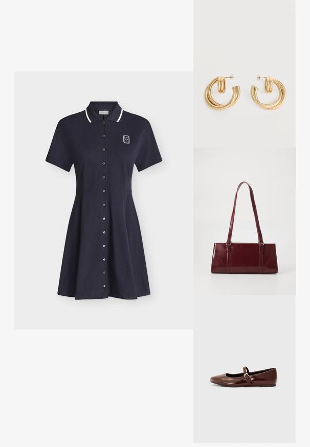 Robe polo bleu marine à manches courtes avec bordure blanche au col, fermeture à boutons sur le devant et petit logo blanc sur la partie supérieure gauche de la poitrine.; Ballerine en cuir verni marron avec un bout carré et une lanière ornée d'une petite boucle dorée. Texture lisse, talon bas et design minimaliste.; Sac à main bordeaux en matériau brillant, de forme rectangulaire, avec deux anses et des accents légèrement courbés à l'avant.; Paire de boucles d'oreilles créoles doubles en or brillant avec attaches à tige sur fond blanc.