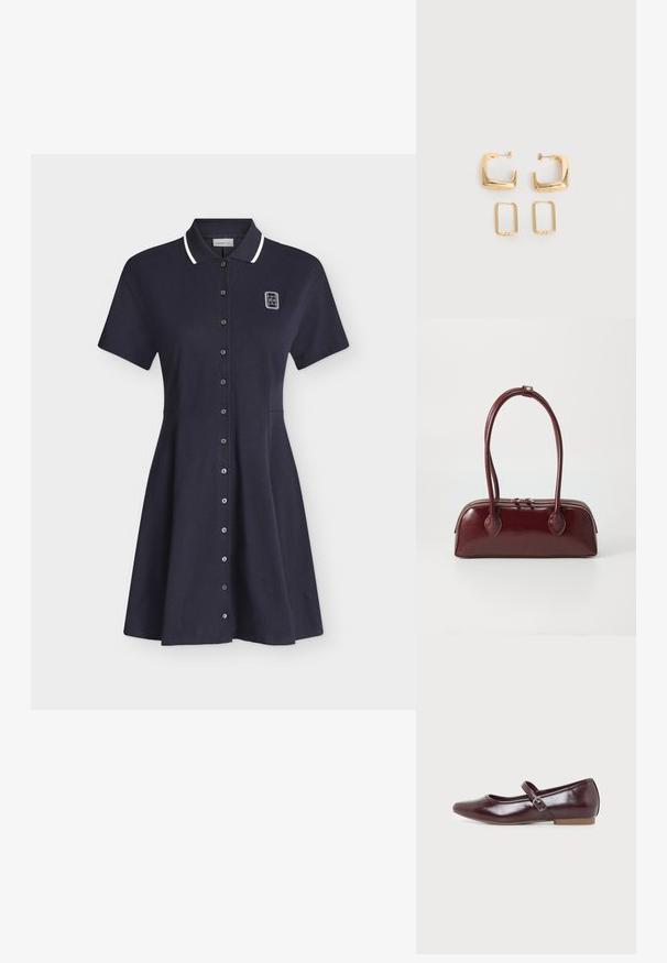 Robe polo bleu marine à manches courtes avec bordure blanche au col, fermeture à boutons sur le devant et petit logo blanc sur la partie supérieure gauche de la poitrine.; Chaussure plate Mary Jane bordeaux avec bout arrondi, finition brillante, bride latérale ajustable avec boucle argentée et semelle basse couleur tan.; Sac à main en cuir bordeaux avec une forme courbée, deux poignées, fermeture éclair et détails de couture subtils. Fini lisse et brillant.; Deux paires de Boucles d'oreilles créoles géométriques dorées sur une surface blanche unie, une paire carrée et pleine, une paire rectangulaire et creuse.