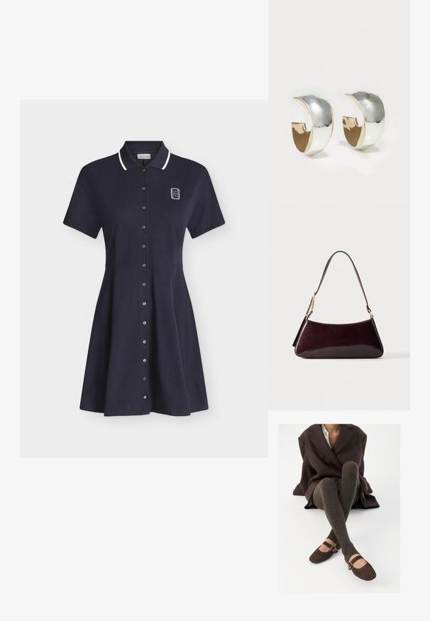 Robe polo bleu marine à manches courtes avec bordure blanche au col, fermeture à boutons sur le devant et petit logo blanc sur la partie supérieure gauche de la poitrine.; Des chaussettes marron côtelées jusqu'aux genoux associées à des ballerines en daim marron de type Mary Jane avec une sangle décorative et une boucle, portées avec un manteau sombre.; Sac à main en cuir brun foncé brillant avec une bandoulière simple et des détails en métal doré sur un fond uni.; Uncommon Matters SCULPTED CREOLE - Boucles d'oreilles - silver-coloured/gold-coloured