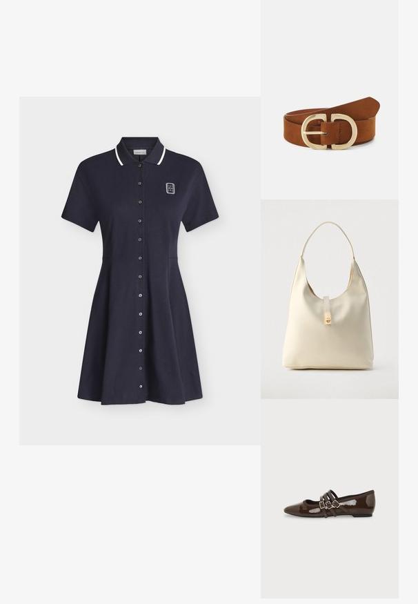 Robe polo bleu marine à manches courtes avec bordure blanche au col, fermeture à boutons sur le devant et petit logo blanc sur la partie supérieure gauche de la poitrine.; Chaussure plate en cuir verni marron avec bout pointu et trois brides ajustables à boucle sur le côté, vue du profil extérieur.; Sac hobo en cuir couleur crème avec une seule bandoulière, texture lisse et un détail de fermoir doré à l'avant.; Ceinture en daim marron avec une large boucle dorée à double cercle ; texture lisse avec des lignes épurées et un design à extrémité effilée.