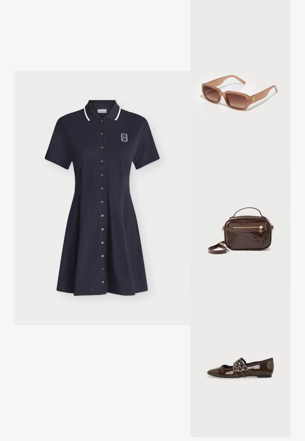 Robe polo bleu marine à manches courtes avec bordure blanche au col, fermeture à boutons sur le devant et petit logo blanc sur la partie supérieure gauche de la poitrine.; Chaussure plate en cuir verni marron avec bout pointu et trois brides ajustables à boucle sur le côté, vue du profil extérieur.; Lunettes de soleil rectangulaires brunes avec des verres dégradés, des montures épaisses et un détail de logo sur le côté. Matériau en plastique lisse, design minimaliste.; Sac bandoulière rectangulaire en cuir marron foncé avec une poignée supérieure, une poche avant zippée et un charm en cuir en forme de fleur sur la tirette du zip.