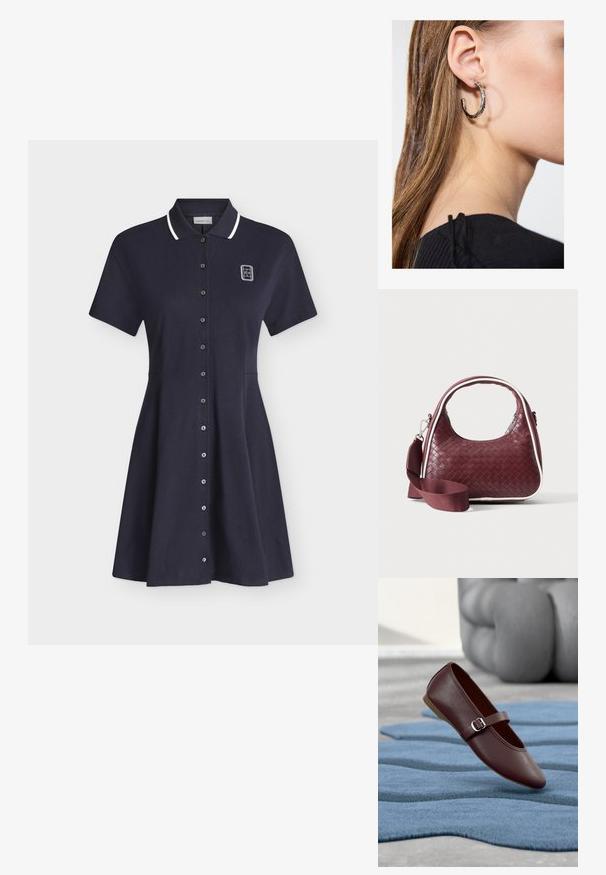 Robe polo bleu marine à manches courtes avec bordure blanche au col, fermeture à boutons sur le devant et petit logo blanc sur la partie supérieure gauche de la poitrine.; Une chaussure Mary Jane marron foncé avec une bride à boucle flotte au-dessus d'un tapis bleu texturé dans une pièce avec un coussin gris en arrière-plan.; Sac à main en cuir tressé marron foncé avec poignée courbée, garniture blanche, fermeture éclair argentée et bandoulière large en tissu amovible sur fond uni.; Boucle d'oreille en argent avec une finition polie, présentant de petits détails en or et de forme ronde, portée sur le lobe.