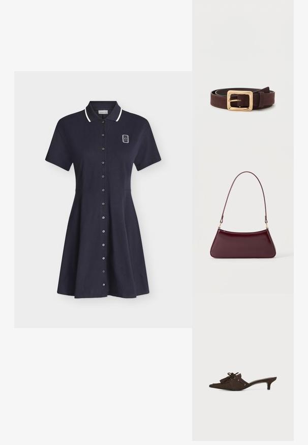 Robe polo bleu marine à manches courtes avec bordure blanche au col, fermeture à boutons sur le devant et petit logo blanc sur la partie supérieure gauche de la poitrine.; Mule pointue en daim brun foncé avec un petit talon kitten, pampilles décoratives et détail en dentelle sur fond blanc.; Sac à main brillant bordeaux foncé avec une anse fine unique et une forme trapézoïdale élégante sur un fond clair uni.; Ceinture en cuir marron foncé avec une large boucle carrée dorée, enroulée à plat sur une surface blanche.