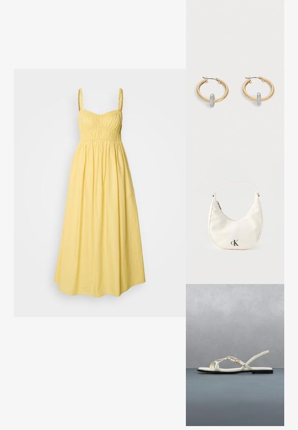 Vestido maxi amarillo sin mangas con corpiño ajustado, cintura fruncida y falda fluida en línea A. Confeccionado con tela de algodón suave.; Sandalia plana blanca con tiras y hebilla en el tobillo, flotando sobre un suelo de baldosas de madera al aire libre, cerca de vegetación y una pared de piedra gris.; Pequeño bolso blanco en forma de media luna con correa corta, cierre de cremallera y logo negro "cK" en el frente.; Par de pendientes de aro en tono dorado con pequeño detalle de aro en tono plateado en cada uno, expuestos sobre un fondo gris claro.