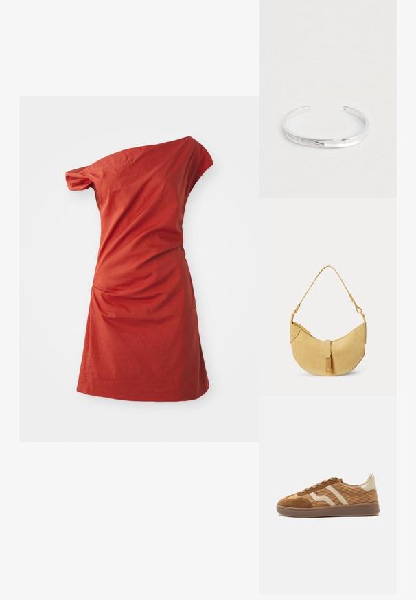 Vestido asimétrico de un solo hombro en algodón rojo teja, con detalles fruncidos en el lado y un acabado texturizado.; Zapatilla marrón de ante y pana con rayas onduladas beige, cordones y suela de goma sobre fondo blanco, vista lateral.; Bolso amarillo en forma de media luna con una sola correa y una cremallera frontal, mostrado sobre un fondo claro y sencillo.; Pulsera de manguito de plata elegante con un diseño suave y ligeramente curvado, con extremos abiertos para ajustarse a la muñeca.