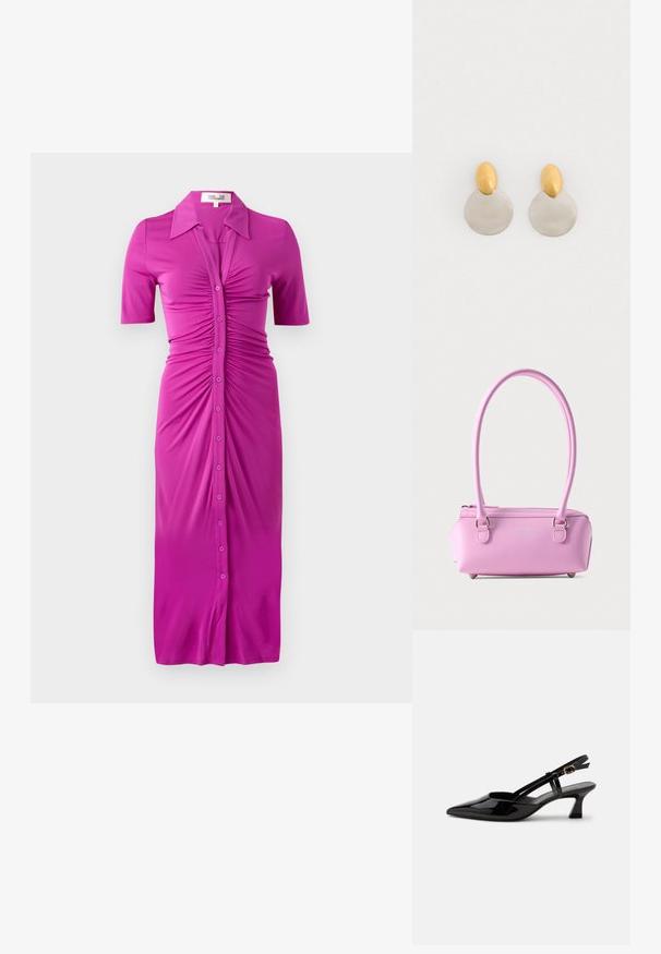 Fuchsia getailleerde jurk met korte mouwen, knoopsluiting en geplooid detail aan de voorkant, gemaakt van gladde, rekbare stof.; Zwarte lakleren slingback kitten heel schoen met spitse neus en verstelbare gouden gespsluiting op een witte achtergrond.; Kleine rechthoekige roze handtas met lange handvatten, ritssluiting en subtiel geperst logo aan de voorkant tegen een effen achtergrond.; Gouden en zilveren metalen oorbellen met een ronde schijfbasis en een ovale bovenstuk, gladde textuur en gepolijste afwerking.