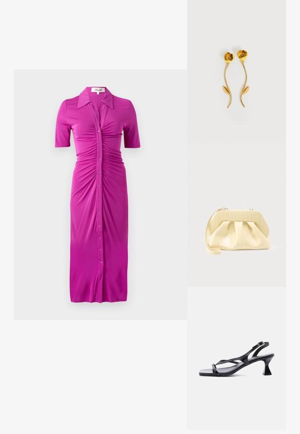 Vestido ajustado fucsia con mangas cortas, cierre de botones y detalle fruncido en la parte delantera, hecho de una tela suave y elástica.; Sandalia de mujer de cuero negro con tiras finas, punta cuadrada, hebilla ajustable en el tobillo y tacón acampanado de altura media.; Bolso clutch de cuero color crema con un marco superior estructurado y correa de muñeca, mostrado sobre un fondo claro y liso.; Pendientes de tono dorado con forma de flores, tallos curvados y una única hoja en cada tallo, sobre un fondo blanco.