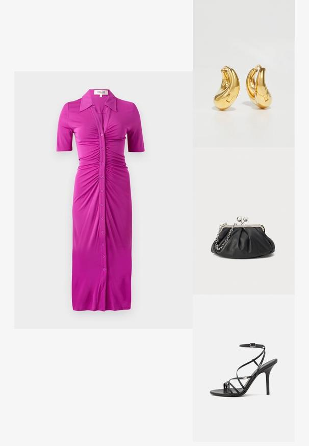 Vestido ajustado fucsia con mangas cortas, cierre de botones y detalle fruncido en la parte delantera, hecho de una tela suave y elástica.; Sándalo negro de tacón alto con tiras finas, hebilla en el tobillo, superficie de cuero suave y tacón de aguja esbelto.; Clutch de cuero negro con textura arrugada, marco de metal en tono plateado, cierre de beso y cadena para colgar. Superficie suave y lisa.; Pendientes de aro de oro con forma curva y suave, y acabado pulido. Presentan un mecanismo de cierre y ligeras indentaciones para un toque de detalle.