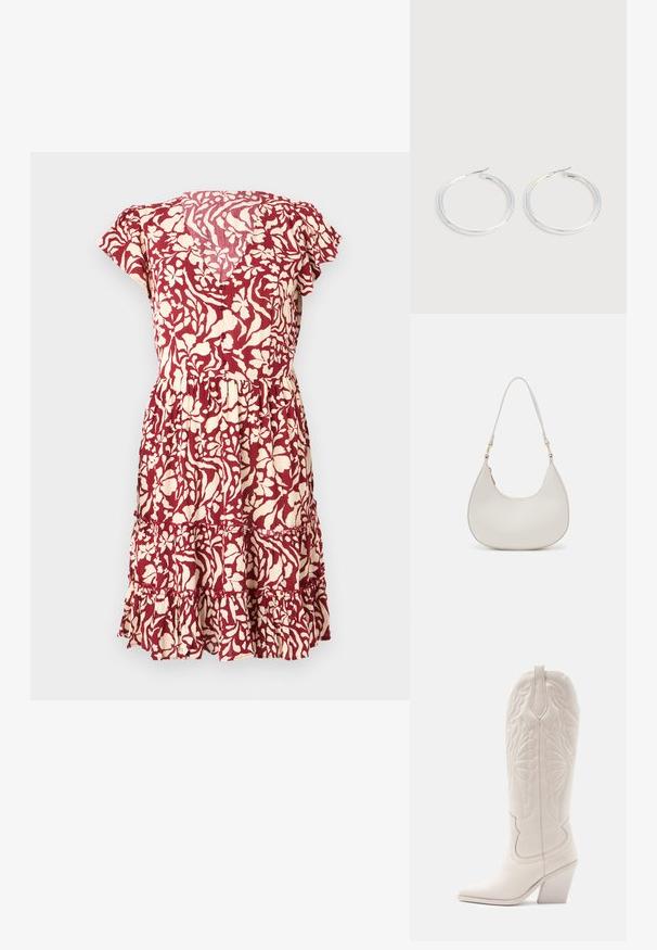 Vestido con estampado floral en burdeos y crema, con mangas cortas, cintura ajustada y un dobladillo con volantes en capas. Tejido ligero con un acabado texturizado.; Bota vaquera de cuero blanco con punta afilada y tacón bloqueado. Presenta patrones de costura intrincados en el caña y una textura suave.; Bolso de hombro de cuero crema con forma de media luna, correa delgada y sutil detalle de costuras. Diseño minimalista con acentos de hardware en tono dorado.; Pareja de pendientes de aro plateados brillantes con cierres de alambre delgado, mostrados sobre un fondo gris claro.