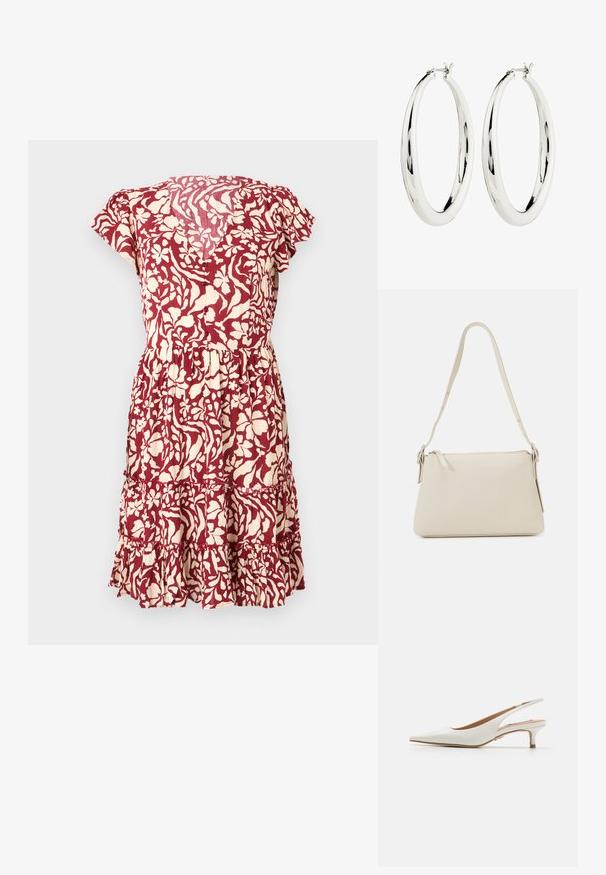 Bloemenprint jurk in bordeauxrood en crème, met korte mouwen, een getailleerde taille en een gelaagde achterkant met ruches. Lichtgewicht stof met een gestructureerde afwerking.; Steve Madden KARI - Klassieke pumps - white; Beige schoudertas van glad leer met een ritsluiting. Kenmerkt zich door een eenvoudig ontwerp, een slanke schouderband en metalen hardwareaccenten.; Zilveren creool oorbellen met een gladde, reflecterende oppervlak. Ronde, grote vorm met een veilige sluiting aan de bovenkant. Gepolijste afwerking toont de glans.
