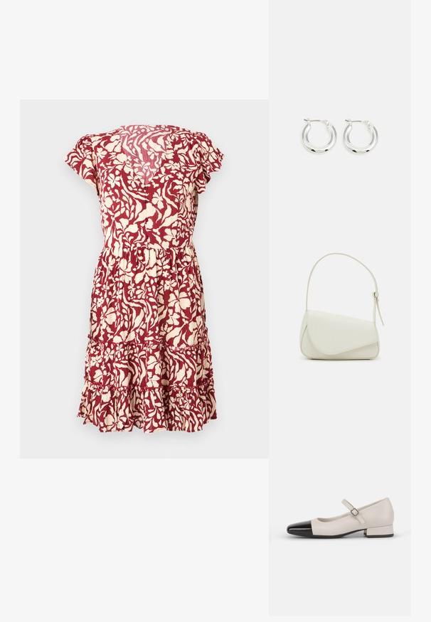 Vestido con estampado floral en burdeos y crema, con mangas cortas, cintura ajustada y un dobladillo con volantes en capas. Tejido ligero con un acabado texturizado.; Zapato estilo Mary Jane en cuero crema con puntera de charol negro. Presenta una punta redonda, tirante en el tobillo con una hebilla cuadrada y un tacón bajo y cuadrado.; Bolso de mano de imitación cuero blanco con una forma triangular estructurada, correa ajustable única y cierre con solapa acentuada en curva.; Pendientes de aro de plata con un acabado pulido, que presentan una forma circular y un cierre de gancho. Textura suave con detalles mínimos.